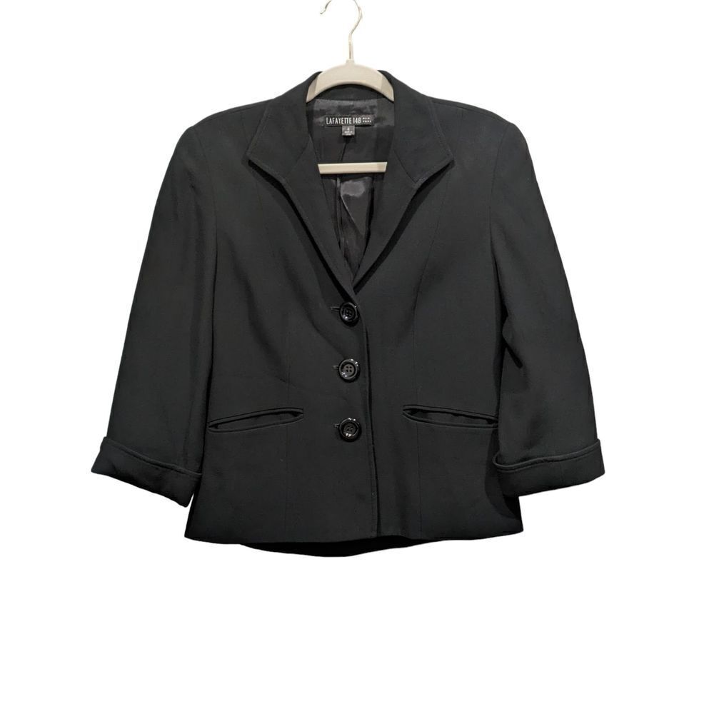 Lafayette 148 New York Black 3/4 Fold Up Sleeve Button Front Collared Blazer, 4